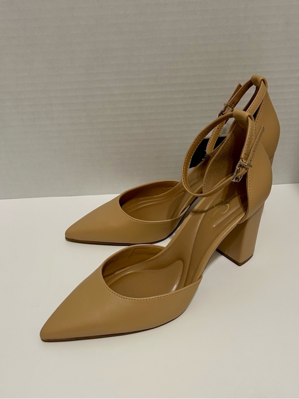 Jessica Simpson Tan Pointed Toe Ankle Strap Block Heel Pumps
